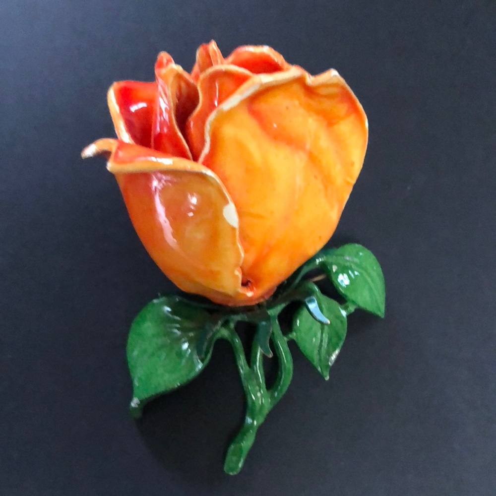 Vintage Painted Metal Rose Flower Brooch Enamel Antique